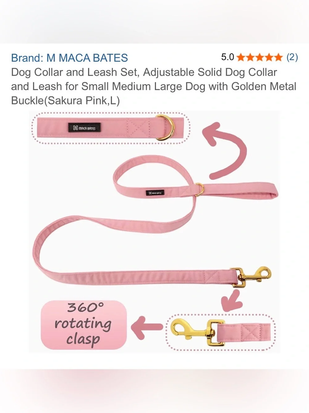MACA BATES Dog Collar and Leash Set  Sakura Pink,Large 🆕